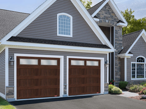 8X7 American Walnut Wood Finish Traditional Window Garage Doors